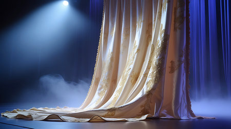 Smoke showing ornate stage curtain with dramatic spotlight and smoke. High resolution image suitable for commercial use. Clear details and vibrant colors enhance visual appeal.の素材