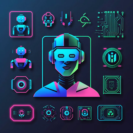 A collection of futuristic icons rendered in vibrant neon colors against a dark background. The central image is a stylized humanoid head wearing a cybernetic headset, surrounded by various robot figures, circuit board elements, and abstract technological symbols. The overall aesthetic is digital, futuristic, and indicative of AI and advanced technology.の素材
