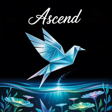 A geometric origami bird made of shimmering blue and teal paper appears to ascend from a body of glowing, luminous water. Abstract, stylized plants with glowing teal and purple accents emerge from the water's surface. The background is black, with subtle sparkles and light rays emanating from the water, suggesting a magical or dreamlike scene.の素材