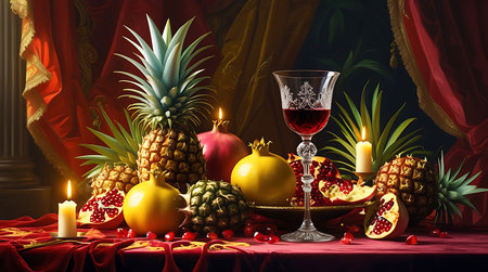 Candles showing opulent still life with exotic fruits, wine, and candles. High resolution image suitable for commercial use. Clear details and vibrant colors enhance visual appeal.の素材