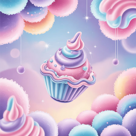 A whimsical pastel cupcake with multi-colored frosting swirls in pink, purple, and blue sits against a soft, dreamy sky. It is decorated with tiny candy dots and surrounded by fluffy, pastel clouds and hanging decorative spheres. The image evokes a sense of sweet fantasy and celebration.の素材