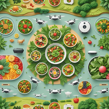 An overhead view showcases a vibrant collection of healthy salads and fresh ingredients arranged on a light green background. Various bowls filled with colorful vegetables, fruits, and greens are interspersed with small white drones, suggesting technology and modern food delivery. The scene is abundant with fresh produce like broccoli, tomatoes, lettuce, and berries.の素材