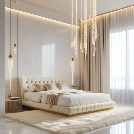 This image presents a luxurious bedroom characterized by its elegant design and soft color palette. The central focus is a large, tufted bed with neatly arranged white and beige bedding. Cascading crystal pendant lights hang from the ceiling, adding a touch of glamour. The room features a marble accent wall and is bathed in soft natural light filtering through sheer curtains. A thick, cream-colored rug provides a plush surface underfoot, contributing to the overall sense of comfort and...の素材