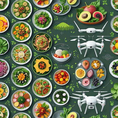 An overhead flat lay composition showcases a variety of healthy food dishes arranged on a dark green, leaf-patterned background. Various salads, fruit bowls, and vegetable platters are interspersed with white drones, suggesting a blend of modern technology and healthy living. The arrangement is symmetrical and repetitive, creating a visually appealing and organized pattern.の素材