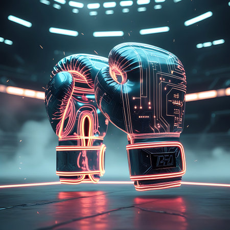 A pair of futuristic boxing gloves are displayed in a dimly lit arena. The gloves are designed with intricate neon circuit board patterns that glow with red and blue light. The background is dark with spotlights and a hint of the arena's structure. The gloves appear to be floating or suspended, creating a dramatic and high-tech visual.の素材