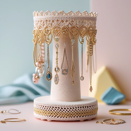 An elegant jewelry stand, featuring intricate crochet lace and gold trim, showcases an assortment of gold necklaces and gemstone earrings. The stand has a central column and a wide base, adorned with delicate patterns. Various gold chains with pendants and earrings, some with pearls and blue stones, hang from the top. In the foreground, several gold bracelets and rings are scattered on a pink surface. The background is a soft blend of pastel pink and blue, creating a serene and luxurious...の素材