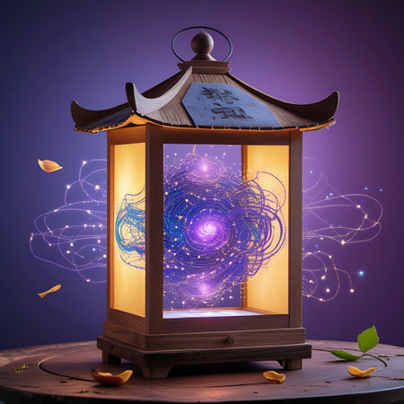 An intricately designed wooden lantern, reminiscent of oriental architecture, sits on a textured surface. Inside the lantern, a mesmerizing vortex of swirling purple and blue energy pulses with light. Small, glowing particles and streaks of light emanate outwards, creating a magical and ethereal atmosphere. The background is a deep gradient of purple, enhancing the luminous effect.の素材