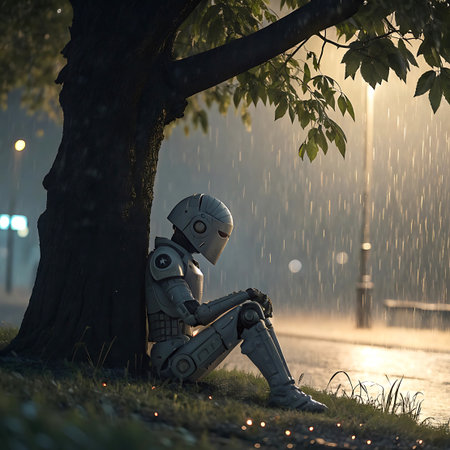 A solitary robot with a metallic grey body sits hunched under the dark branches of a tree. Heavy rain falls, creating streaks of light and reflecting on the wet ground. Streetlights glow softly in the background, illuminating the rainy night scene. The robot appears pensive, its head bowed, conveying a sense of loneliness and introspection amidst the elements.の素材