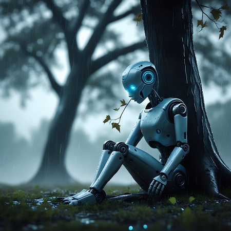A detailed, metallic robot with glowing blue eyes sits slumped against the trunk of a large tree. It is raining, and the robot holds a small, leafy branch in its hand, looking down with a pensive expression. The scene is set in a natural environment with grass and fallen leaves, conveying a sense of loneliness and contemplation.の素材