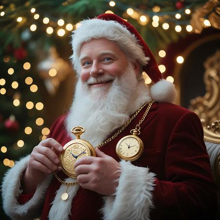 A close-up portrait of Santa Claus, adorned with two ornate gold pocket watches hanging from a gold chain around his neck. He has a white beard, wears a red suit with fur trim and a Santa hat, and offers a warm, cheerful smile. The background is filled with blurred Christmas lights, creating a festive bokeh effect that enhances the magical holiday ambiance.の素材