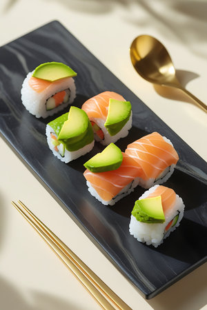 A close-up, angled view of a dark, marbled plate displaying an assortment of salmon and avocado sushi rolls. The rolls are arranged in a line, with pieces showcasing bright orange salmon and fresh green avocado. A gold spoon rests above the plate, and gold chopsticks are positioned at the bottom left. The image is bathed in natural light, creating a soft and inviting atmosphere.の素材