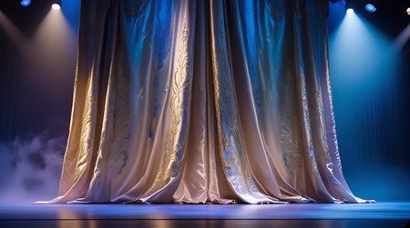 Smoke showing stage curtains illuminated by spotlights with smoke effect. High resolution image suitable for commercial use. Clear details and vibrant colors enhance visual appeal.の素材