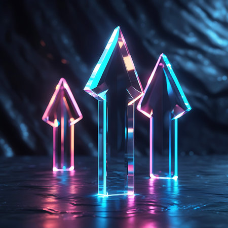 Three abstract, transparent glass arrows are illuminated with vibrant neon blue and pink light. The arrows point upwards, creating a sense of direction and progress. They are set against a dark, textured background with reflections on the surface, suggesting a modern and futuristic aesthetic.の素材