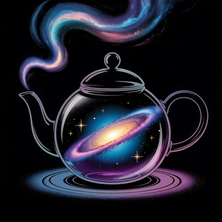 A stylized illustration of a glass teapot filled with a vibrant, swirling galaxy. Cosmic steam, in hues of purple, blue, and pink, rises from the spout. The teapot sits on a circular base with a gradient of purple and blue light against a solid black background. Stars are visible within the galaxy and in the steam.の素材