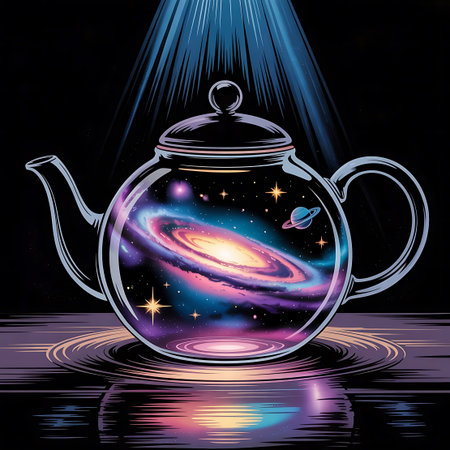 A transparent glass teapot is filled with a vibrant, swirling galaxy containing stars and a planet resembling Saturn. A beam of light shines down from above onto the teapot, which sits on a surface creating ripples and reflections. The background is dark, contrasting with the colorful cosmic scene within the teapot.の素材