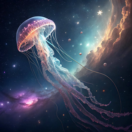 A captivating image of a translucent, bioluminescent jellyfish suspended in a vibrant, star-filled galaxy. The creature's delicate tentacles shimmer with light, and its bell glows with hues of pink and blue. The cosmic background is rich with nebulae, distant stars, and celestial bodies, evoking a sense of wonder and otherworldly beauty.の素材