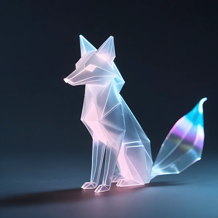 A geometric fox sculpture crafted from translucent material is presented against a dark background. The sculpture is softly illuminated with pastel pink and blue light, highlighting its polygonal structure and sharp edges. The tail of the fox displays a subtle gradient of iridescent colors. The image conveys a sense of modern artistry and ethereal beauty.の素材