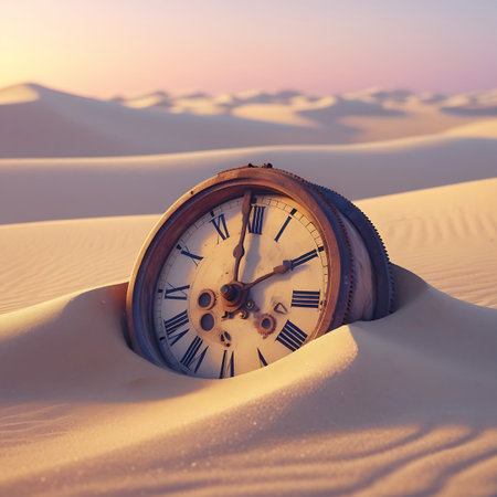 A vintage pocket watch with Roman numerals is partially buried in the soft, rippled sand of a desert landscape. The warm hues of a sunset or sunrise cast a soft glow over the undulating dunes, creating a serene and contemplative atmosphere. The weathered appearance of the watch suggests the passage of time and a sense of forgotten history.の素材