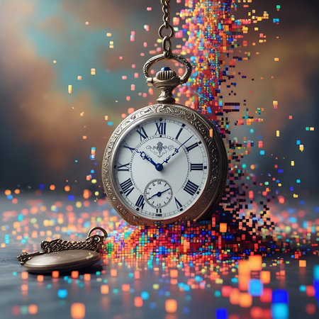 A vintage gold pocket watch with a detailed face and Roman numerals is suspended by a chain. The watch appears to be dissolving into a vibrant cloud of colorful digital pixels that stream upwards and outwards. A second pocket watch lies on the surface below, also connected by a chain. The background is blurred with bokeh lights, suggesting a dynamic and abstract representation of time and technology.の素材