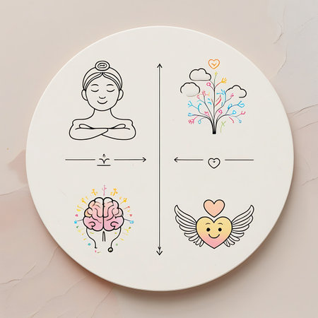 A conceptual illustration presented on a circular plate, divided into quadrants. The top left shows a minimalist figure meditating. The top right features a stylized tree with colorful branches and clouds. The bottom left displays a brain with radiating lines, and the bottom right shows a winged heart. Arrows suggest a connection and balance between the elements.の素材
