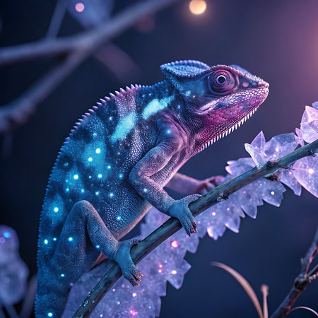 A mystical chameleon with skin patterned like a starry galaxy, glowing with ethereal blue and purple light. It is perched on a delicate branch adorned with sparkling, crystalline flowers. The background is dark and softly blurred, enhancing the magical and otherworldly appearance of the creature.の素材
