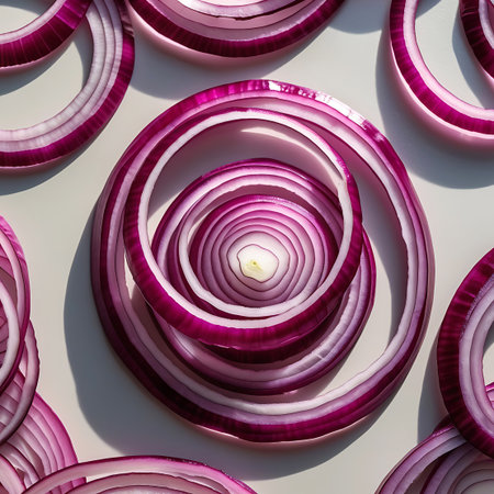 An abstract, top-down view showcases a central, tightly wound spiral of sliced red onion rings. Surrounding this central element are more individual red onion rings, also sliced and layered, creating a visually dynamic arrangement. The purple and white hues of the onion are prominent against a light background.の素材