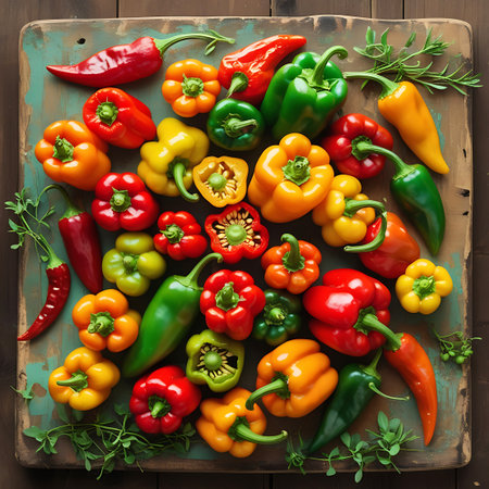 A rich and varied collection of bell peppers and chili peppers is artfully arranged on a rustic wooden board. The assortment includes vibrant red, green, yellow, and orange bell peppers, alongside smaller, spicier red chili peppers. Sprigs of fresh greenery are scattered throughout the composition, adding a natural touch.の素材