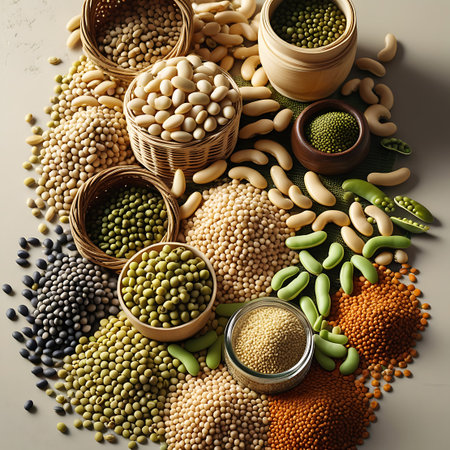 A rich collection of various legumes and beans, such as soybeans, edamame, black beans, kidney beans, mung beans, and lentils, are presented in woven baskets, wooden bowls, and glass jars. Some beans are scattered across a light surface, creating a visually appealing and abundant composition.の素材