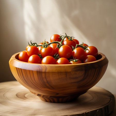 A wooden bowl is filled to the brim with plump, red cherry tomatoes still on their vines. The bowl rests on a wooden surface, and the scene is bathed in soft, warm sunlight that creates gentle shadows and highlights the textures of both the tomatoes and the wood. The background is softly blurred, emphasizing the fresh produce.の素材