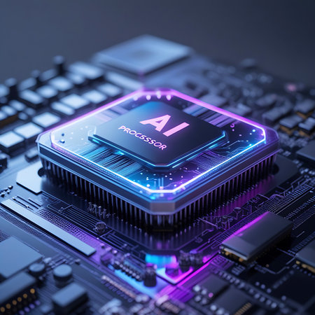 This image presents a close-up perspective of a sophisticated AI processor microchip situated on a detailed circuit board. The processor is highlighted by a striking neon glow in shades of blue and purple, outlining its edges and illuminating its internal structure. The text "AI PROCESSOR" is visible on the chip's surface. The background circuit board is densely populated with electronic components and pathways, conveying a sense of advanced computing and digital infrastructure.の素材