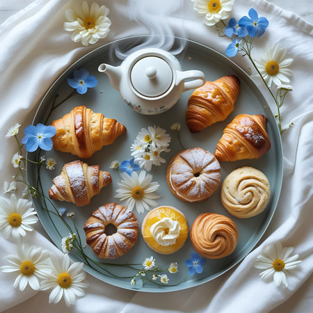 A close-up, overhead view of a teal tray laden with a variety of sweet pastries, including croissants, danishes, and cinnamon rolls. A white teapot emits a gentle plume of steam. The pastries are decorated with powdered sugar, cream, and blueberries. White daisies and small blue flowers are artfully arranged around the tray, which is set on a soft, white, rumpled fabric.の素材