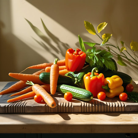 A still life arrangement of fresh vegetables including carrots, red and orange bell peppers, green cucumbers, and small red tomatoes is displayed on a rustic wooden board. Dramatic shadows from unseen foliage fall across the background, adding depth and texture to the scene. The vegetables appear vibrant and ready for use.の素材
