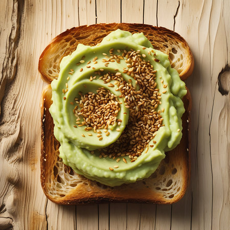 A close-up, top-down view of a slice of toasted bread topped with mashed avocado. The avocado is swirled into a decorative pattern and generously sprinkled with toasted sesame seeds. The toast has a golden brown crust and a porous interior. It rests on a rustic wooden surface.の素材