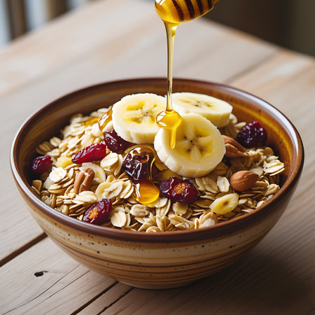 A close-up perspective of a bowl filled with oatmeal, adorned with slices of banana, dried cranberries, and various nuts such as pecans and almonds. A stream of golden honey is being poured onto the oatmeal from a dipper. The bowl has a rustic, striped design and rests on a wooden table. The image emphasizes the appetizing appearance of the breakfast.の素材