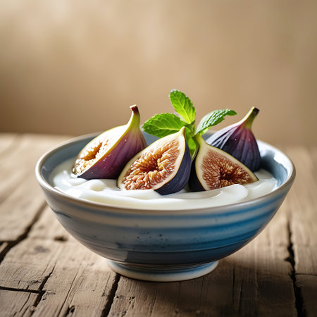 A blue ceramic bowl holds a generous portion of creamy white yogurt, adorned with halved fresh figs that display their intricate seed patterns and deep red interiors. A fresh mint leaf is placed as a garnish. The bowl sits on a textured wooden surface, with a softly focused warm background.の素材