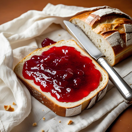Baked showing bread slice with jam and a loaf of bread with a knife keywords: bread, toast, jam, jelly, fruit spread, breakfast, food, sweet, spread, red jam, loaf of bread, knife, white cloth, crumbs, top view, close up, delicious, homemade, spreadable, fruit preserve, morning meal, sliced bread description: a slice of white bread covered in red jam is positioned on a white cloth. to the right, a partially sliced loaf of bread is visible. a silver knife rests on the cloth between the...の素材