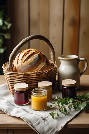 A still life arrangement on a wooden table, showcasing a wicker basket containing a large, crusty loaf of bread. Three small glass jars with wooden lids are placed in front of the basket, filled with different colored preserves: one red, one yellow, and one dark red. A cream-colored ceramic pitcher is positioned to the right, and a sprig of greenery adds a natural element.の素材