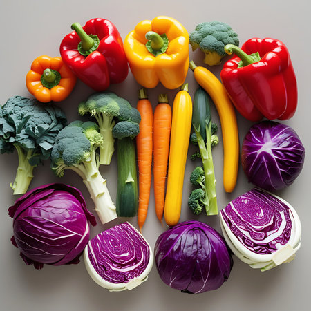A vibrant flat lay arrangement of fresh vegetables is presented on a neutral grey background. The composition features red and yellow bell peppers, heads of broccoli, carrots, zucchini, yellow squash, and purple cabbage. The vegetables are artfully arranged in a circular pattern, showcasing their natural textures and rich colors. This image evokes a sense of health and freshness, perfect for culinary or healthy lifestyle themes.の素材