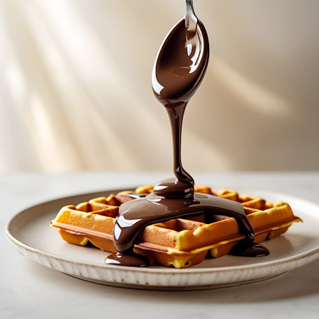 This image captures a decadent moment as thick, dark chocolate syrup is poured from a spoon onto a perfectly baked waffle. The syrup flows in a smooth stream, coating the waffle's textured surface. The waffle is presented on a white plate, with a gently lit, neutral background.の素材