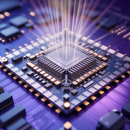 A detailed shot of a central processing unit (CPU) mounted on a vibrant purple circuit board. The CPU is emitting strong, bright white light rays upwards, symbolizing powerful processing or data output. Surrounding the main processor are smaller electronic components and intricate traces on the motherboard.の素材