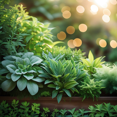 An assortment of lush green plants and foliage arranged in a garden setting. The warm sunlight creates a soft bokeh effect in the background, adding a dreamy quality to the scene. The image highlights the diverse textures and forms of the plants, conveying a sense of natural beauty and growth.の素材