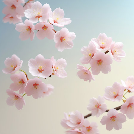 Several branches laden with soft pink cherry blossoms are arranged against a gentle gradient background of light blue and pale beige. The flowers vary in their bloom and arrangement, creating a dynamic yet serene composition. The delicate petals and subtle colors evoke a sense of spring and natural beauty.の素材
