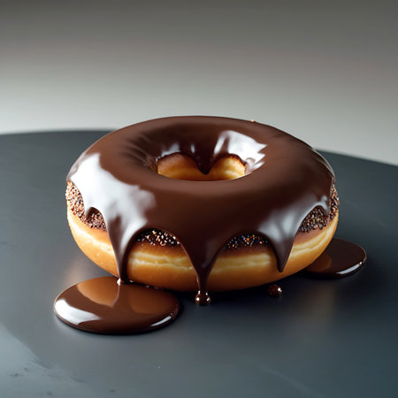This image shows a donut generously coated in a smooth, dark chocolate ganache. The rich chocolate is actively dripping down the sides, creating puddles on the dark surface below. The donut's base is decorated with a band of colorful, fine sprinkles, contrasting with the deep brown of the glaze. The lighting accentuates the glossy, fluid nature of the chocolate.の素材