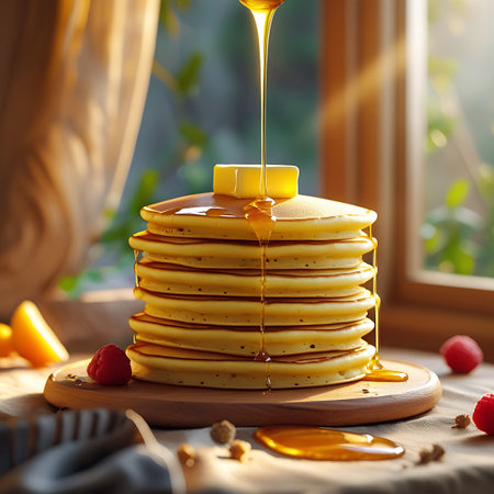 A stack of fluffy, golden brown pancakes is presented on a rustic wooden board. Syrup is being poured from above, creating glistening streams that drip down the sides. A square of butter sits atop the stack, slowly melting. Several red raspberries and a few nuts are scattered around the board. Sunlight streams through a window in the background, casting soft shadows and highlighting the textures of the food.の素材