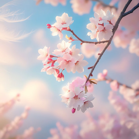 Close-up of delicate pink and white cherry blossoms on a branch, set against a soft blue sky with wispy clouds. The light is gentle and diffused, creating a serene and ethereal atmosphere. Some petals appear to be falling, adding to the sense of movement and the fleeting beauty of spring.の素材