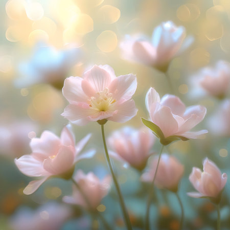 This image showcases several delicate pink flowers with soft, translucent petals. The background is a dreamy blur of golden bokeh lights and hints of soft colors, created by the sunlight filtering through. The flowers are the main focus, with their intricate details visible in the foreground. The overall impression is one of gentle beauty and ethereal tranquility.の素材