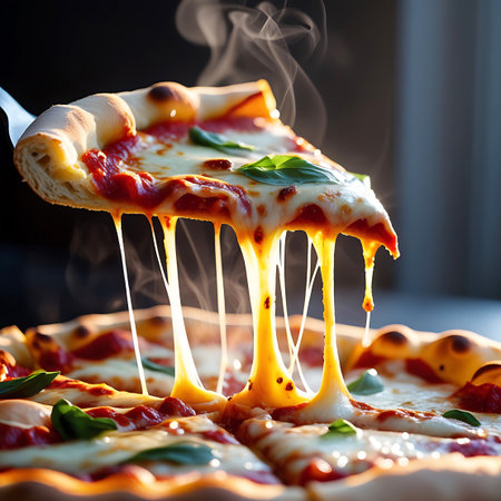 A close-up shot of a hot pizza slice being lifted by a server's utensil, showcasing long strands of melted mozzarella cheese stretching downwards. Fresh basil leaves are scattered on top of the rich tomato sauce and melted cheese. Wisps of steam rise from the hot pizza, indicating its freshness and warmth. The crust is golden brown and appears well-baked.の素材