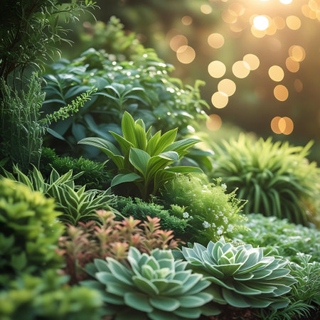 A lush and vibrant garden bed overflowing with various green plants and foliage. The warm sunlight filters through, creating a soft bokeh effect in the background. The image showcases the rich textures and diverse shapes of the plants, evoking a sense of natural abundance and tranquility.の素材