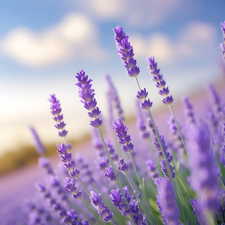This image captures a close-up perspective of a lavender field during its blooming season. Several purple lavender spikes are in sharp focus in the foreground, with a soft, out-of-focus expanse of the field stretching into the background. The sky above is a clear blue with scattered white clouds, and warm sunlight illuminates the scene, creating a dreamy, soft-focus effect.の素材