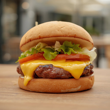 A close-up, eye-level view of a delicious cheeseburger with a golden-brown bun, a thick beef patty, melted cheddar cheese dripping down the sides, fresh green lettuce, and red tomato slices. The burger is presented on a wooden surface with a blurred outdoor background.の素材